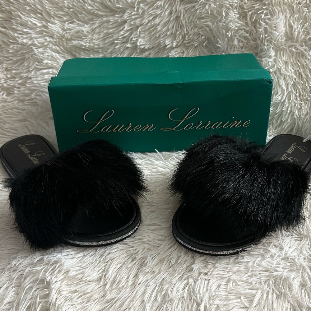 Lauren Lorraine Furry Slip On Slides In Black - NIB - Womens Size 10